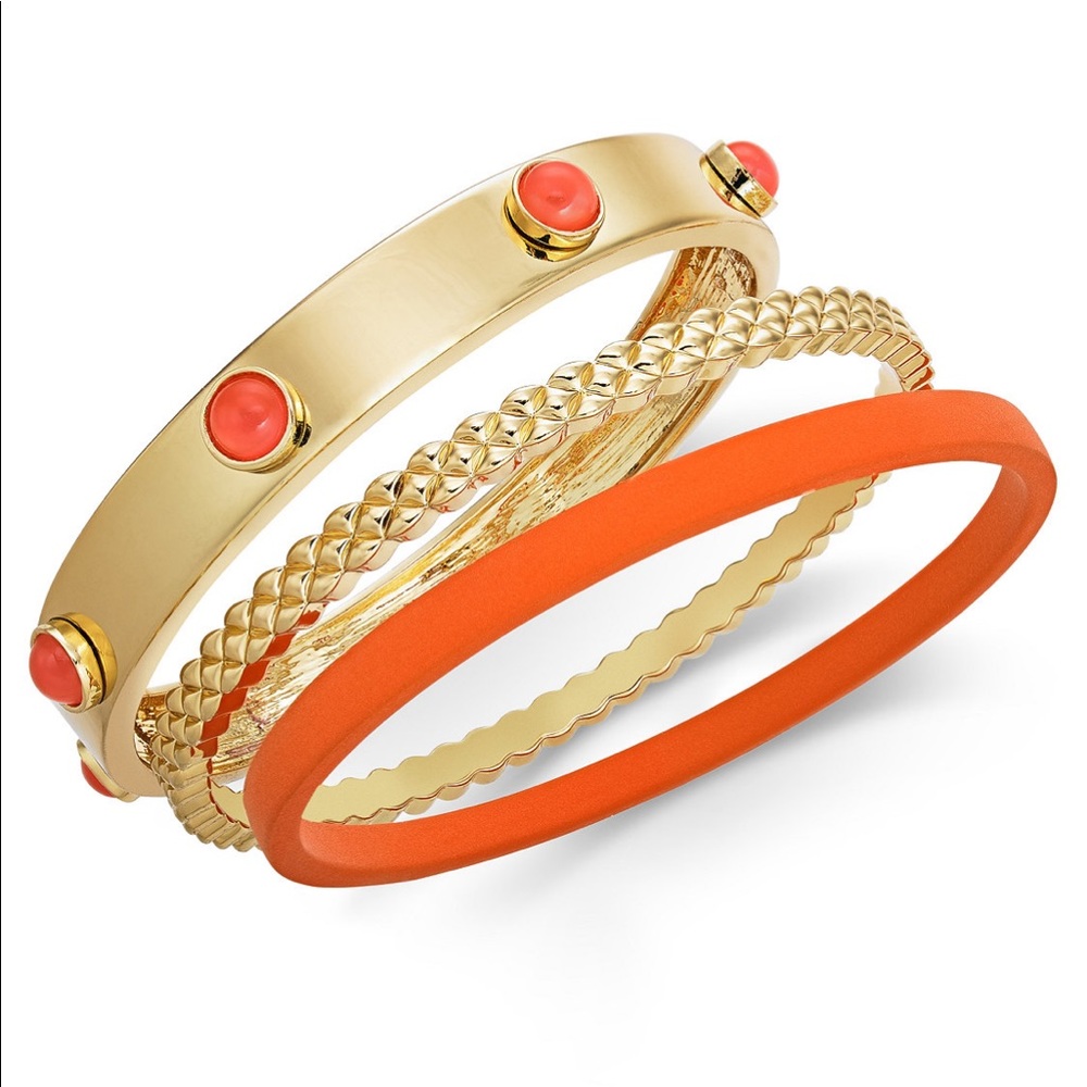 INC Coral and gold tone set of 3 bangle bracelets